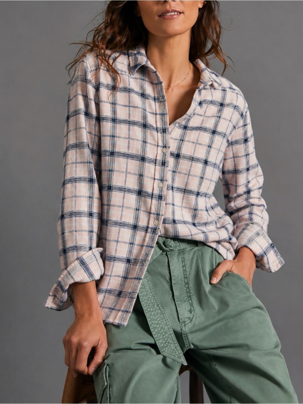 Grayson The Hero Plaid Flannel Button Front Shirt Size 2 Pink Blue Cotton
